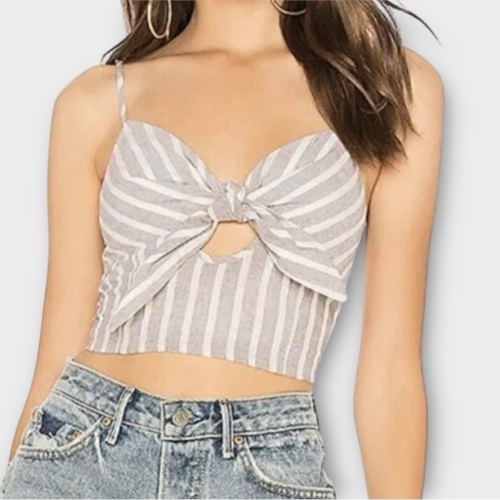 Blue Life Mila Tie Front Linen Blend Crop Top in Grey Stripe Women's Size S